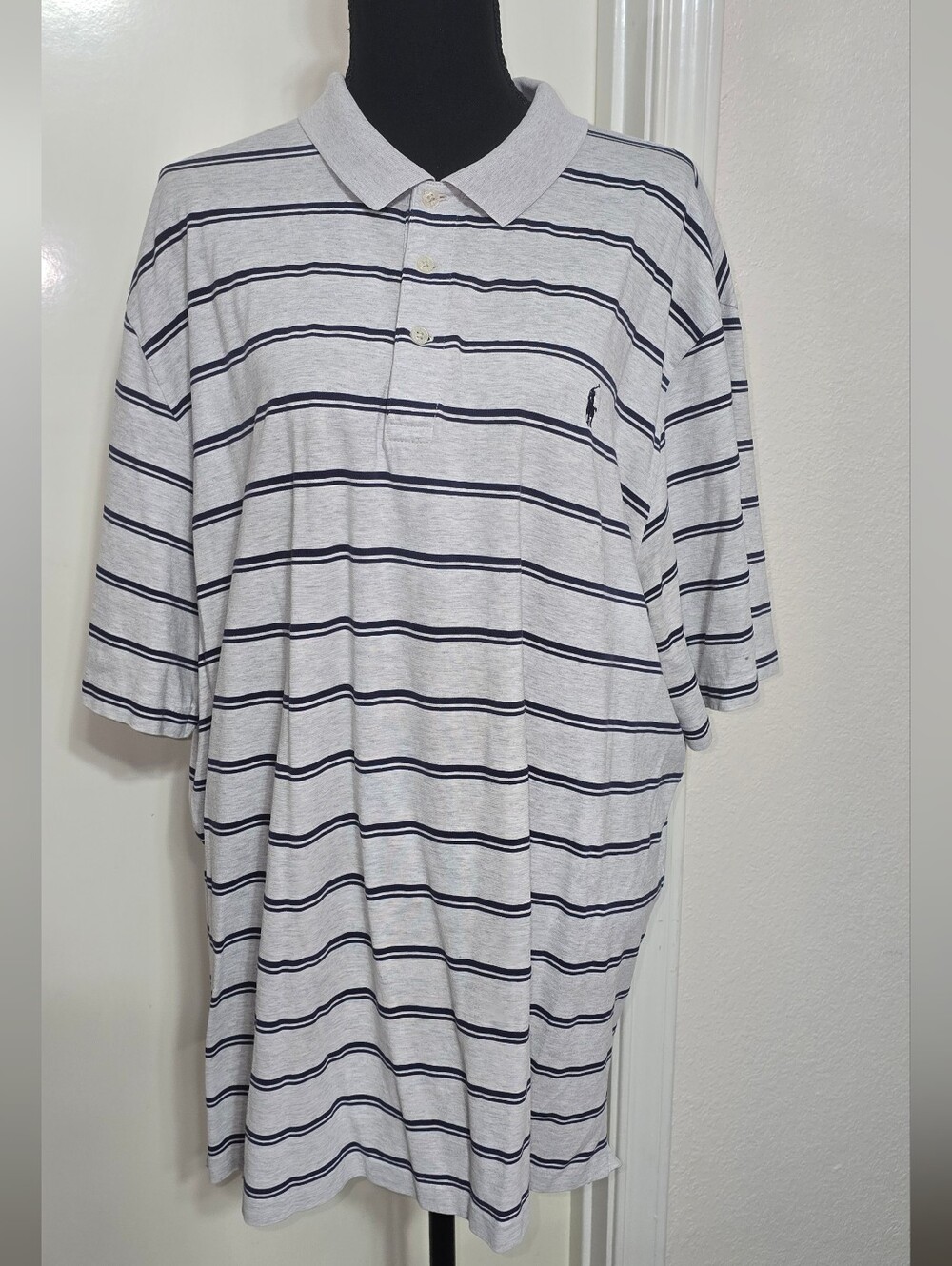 #K100 Ralph Lauren Men's Gray & Navy Striped Polo Shirt